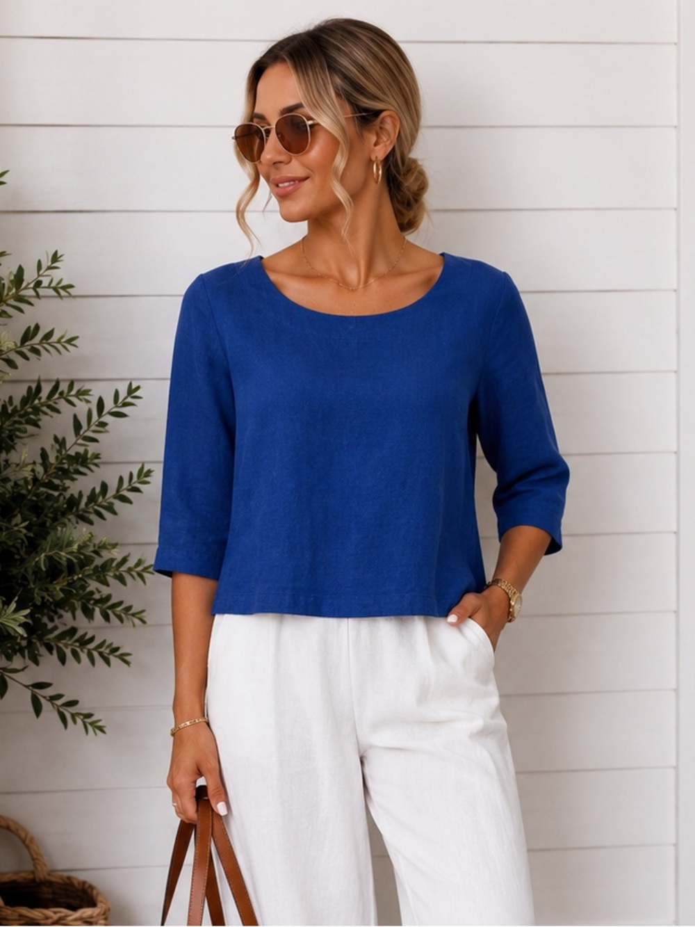 Vibrant Blue 100% Linen 3/4 Sleeve Boat Neck Top Resort Chic